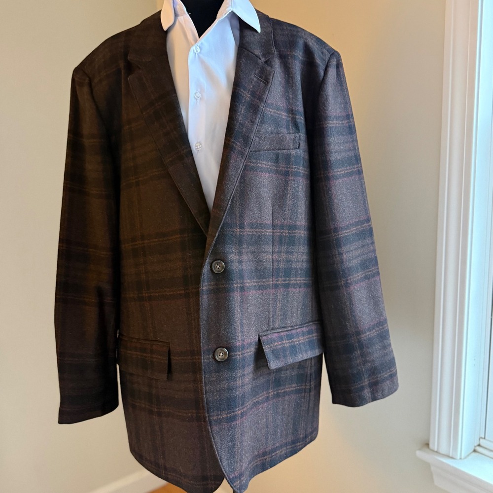 Vintage L.L. Bean Blazer 46R Wool Plaid Sport Coat Mens Brown Jacket 1990/2000
